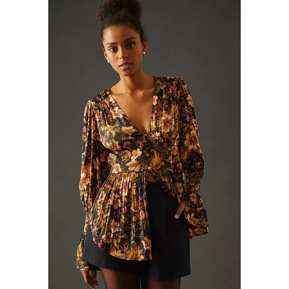 By Anthropologie Deep-V Tunic Floral Button Down Top Peasant Boho Coquette XS - Picture 2 of 13